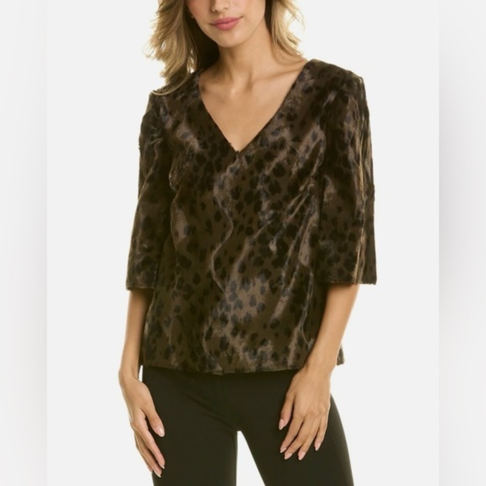 Trina Turk Coquette Faux Fur Leopard Print V Neck Top
